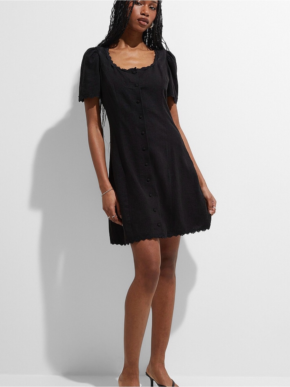 Simons Black Button-Front Mini Dress with Scalloped Trim